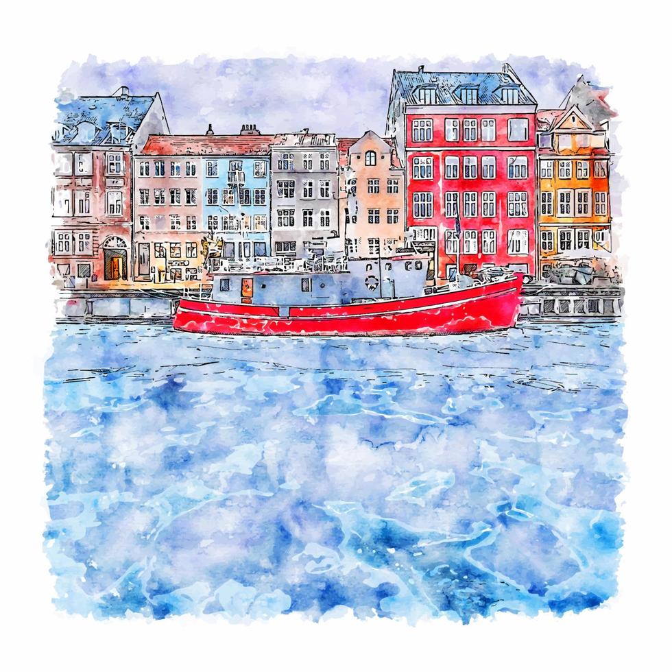 copenhague dinamarca esboço em aquarela ilustração desenhada à mão vetor