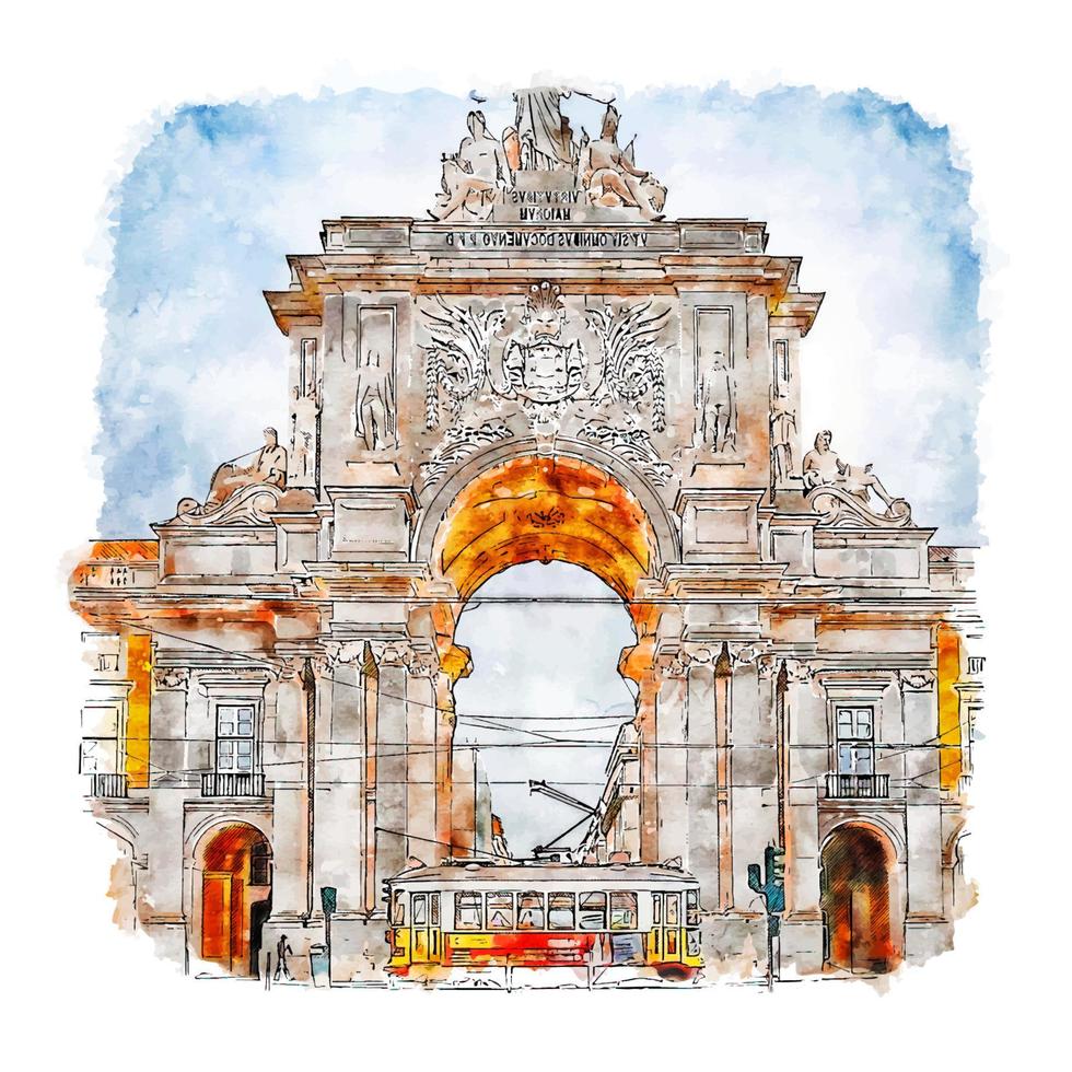 o portão para lisboa esboço em aquarela ilustração desenhada à mão vetor