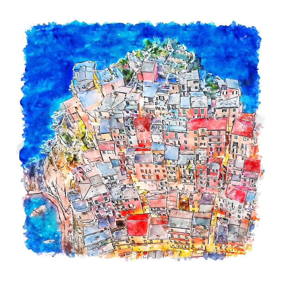 manarola cinque terre itália esboço em aquarela ilustração desenhada à mão vetor