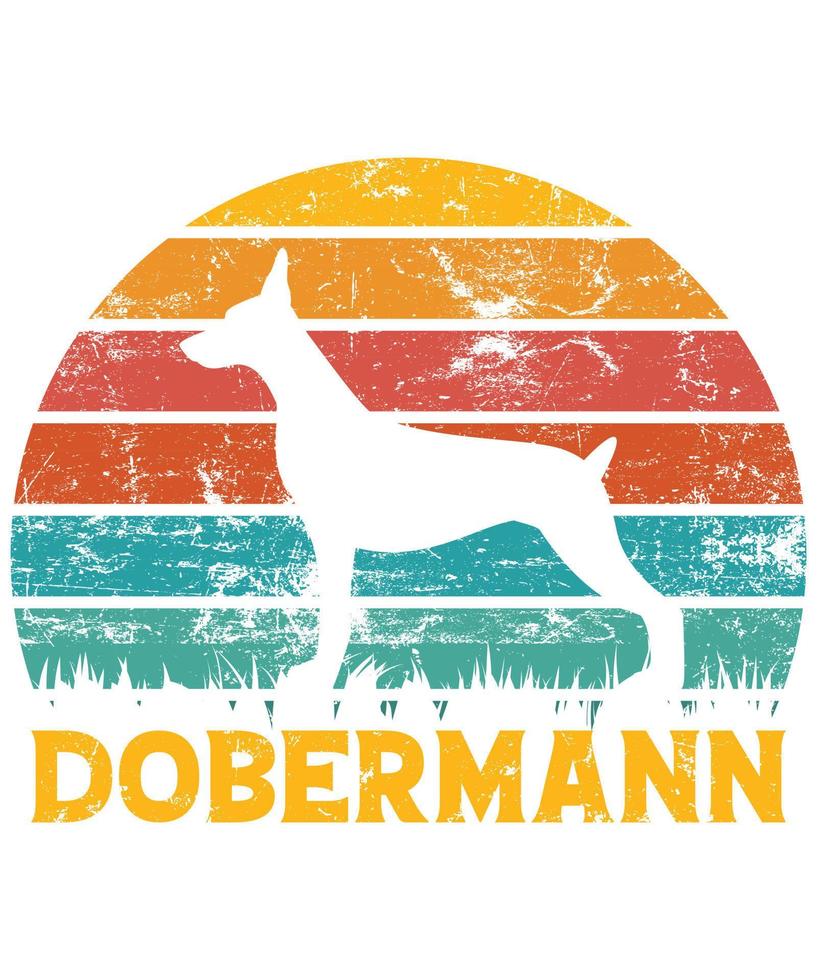 engraçado dobermann vintage retro pôr do sol silhueta presentes amante de cães proprietário de cães camiseta essencial vetor