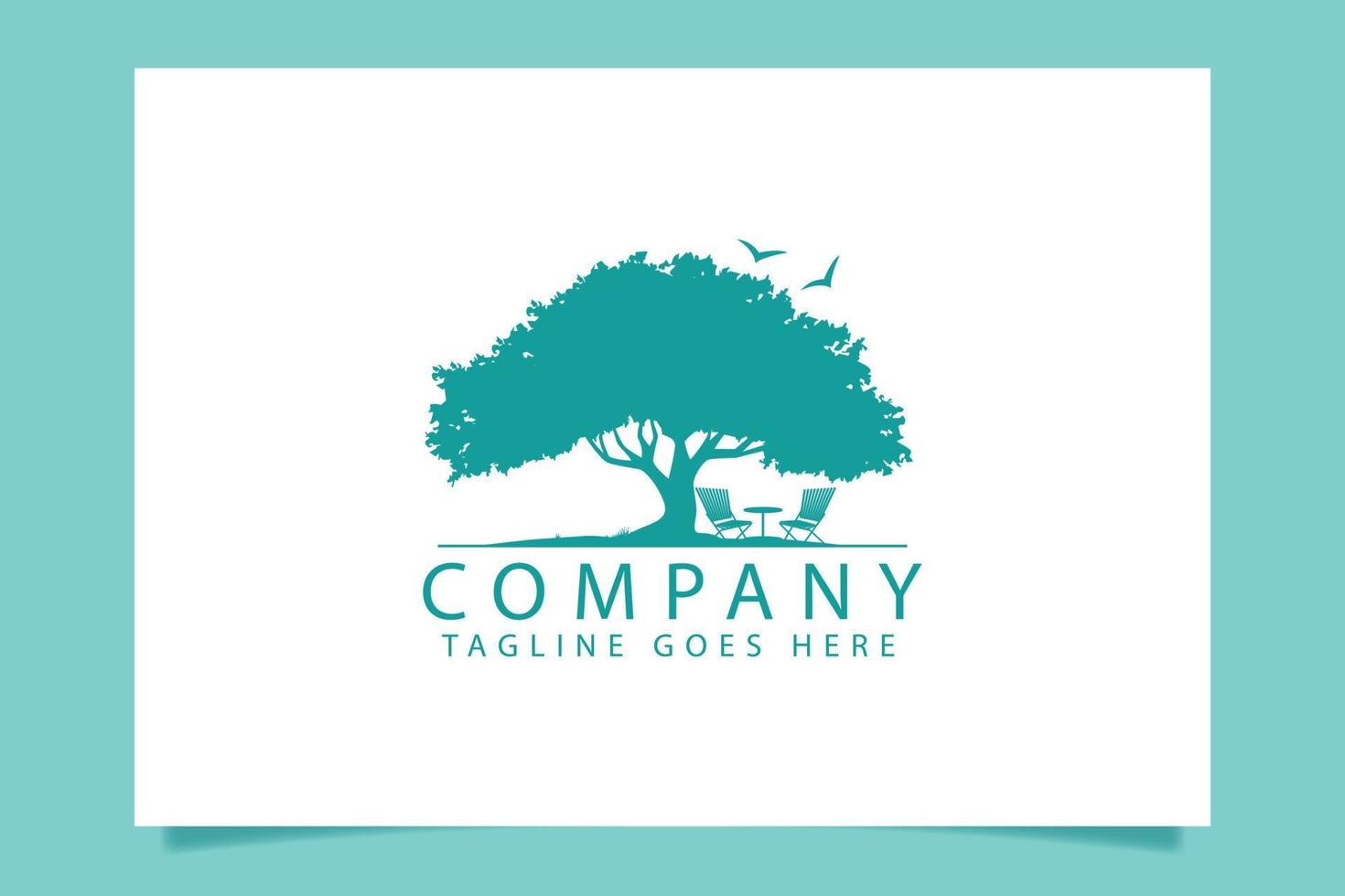 logotipo de árvore simples com árvore exuberante, cadeiras, pássaros para qualquer negócio. vetor