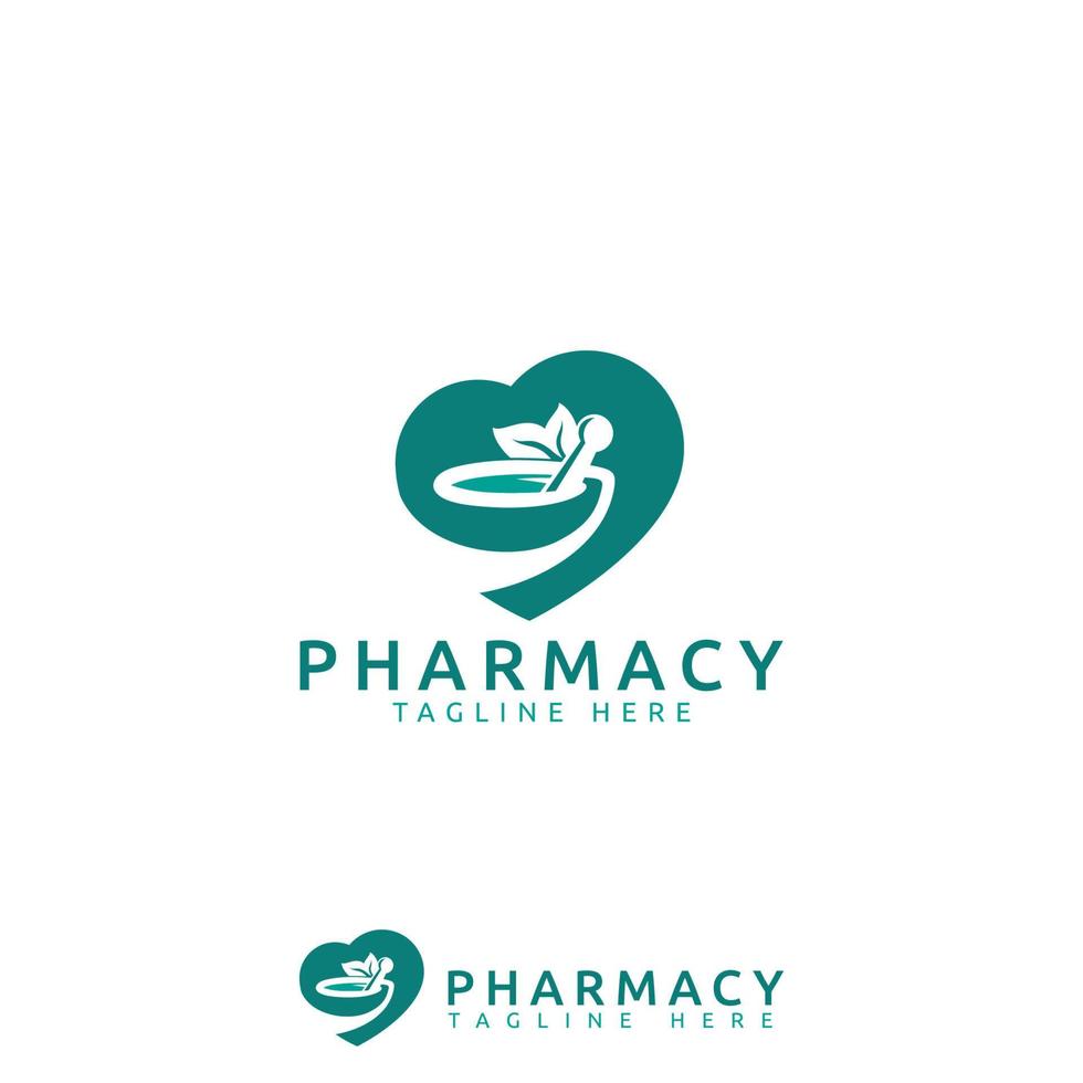 logotipo da farmácia com imagem vetorial de amor, folhas, almofariz e pilão. melhor para qualquer negócio, especialmente para farmácia, medicina, saúde e medicina. vetor