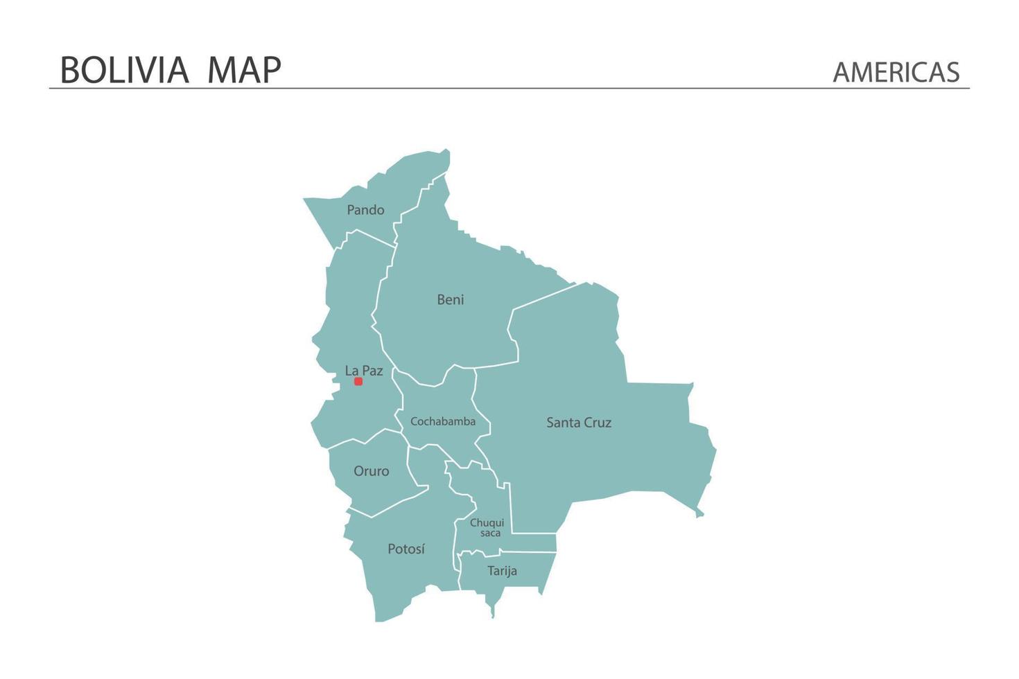 vetor de mapa da Bolívia em fundo branco. mapa tem todas as províncias e marca a capital da bolívia.