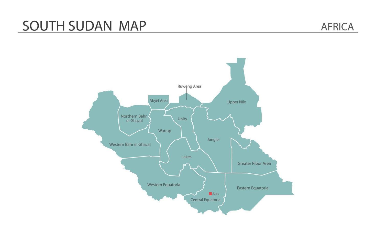 ilustração em vetor mapa sudão do sul sobre fundo branco. mapa tem todas as províncias e marca a capital do Sudão do Sul.