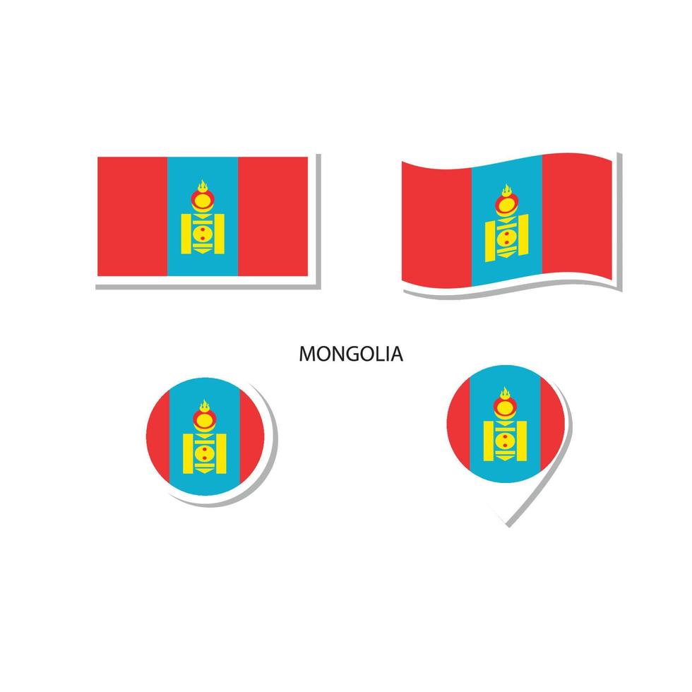 conjunto de ícones do logotipo da bandeira da mongólia, ícones planos retângulo, forma circular, marcador com bandeiras. vetor