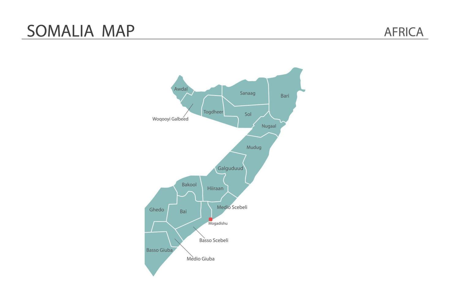 Somália mapa ilustração vetorial sobre fundo branco. mapa tem todas as províncias e marca a capital da Somália. vetor