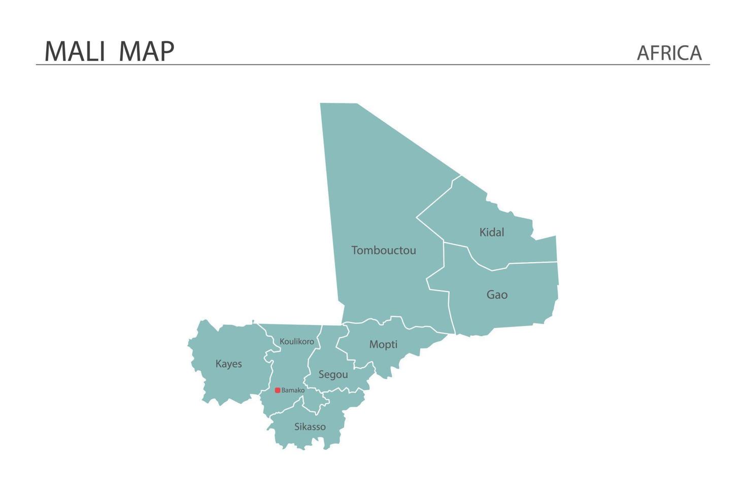 ilustração vetorial de mapa de mali sobre fundo branco. mapa tem todas as províncias e marca a capital do mali. vetor