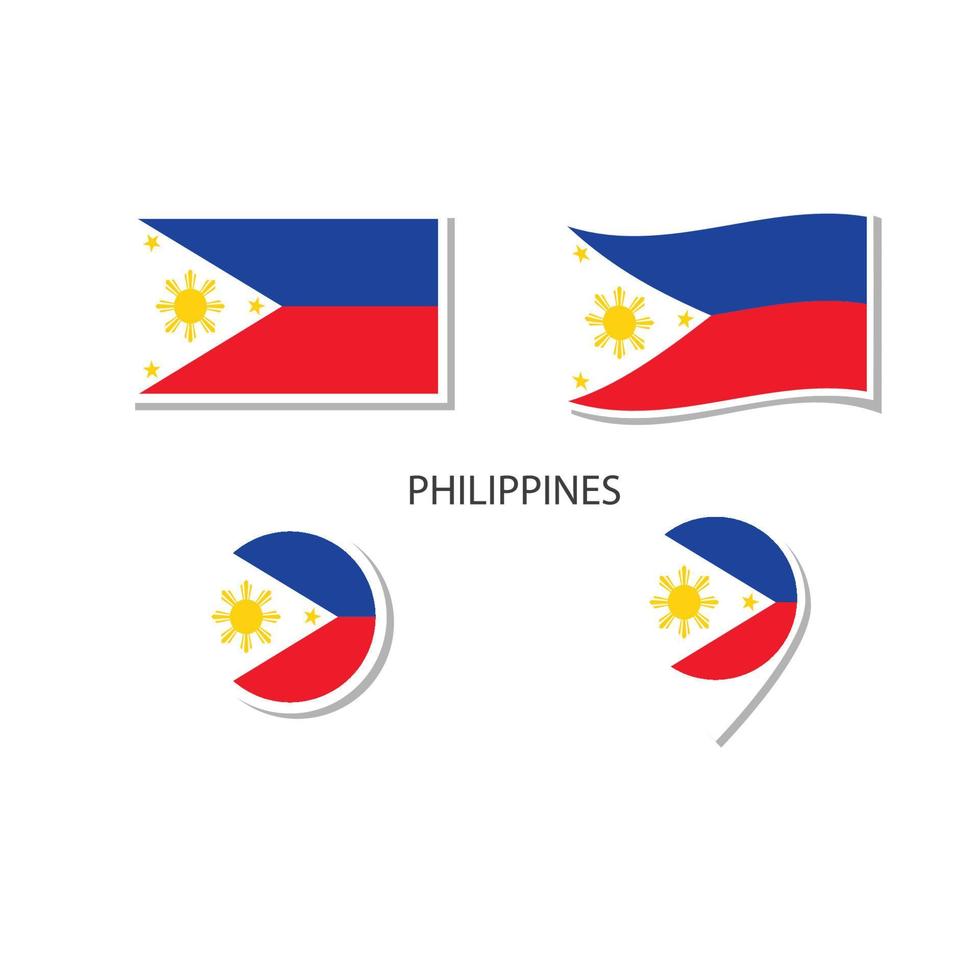 conjunto de ícones de logotipo de bandeira filipinas, ícones planos retângulo, forma circular, marcador com bandeiras. vetor