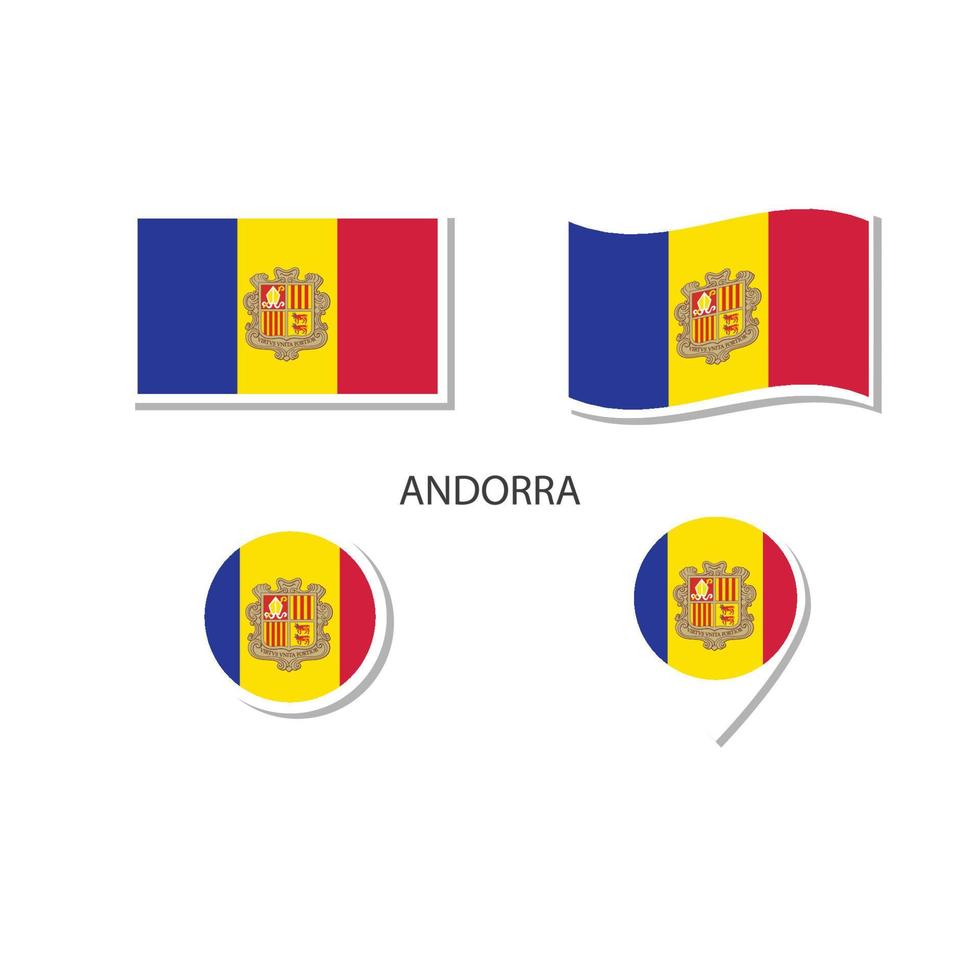 conjunto de ícones do logotipo da bandeira de Andorra, ícones planos retângulo, forma circular, marcador com bandeiras. vetor