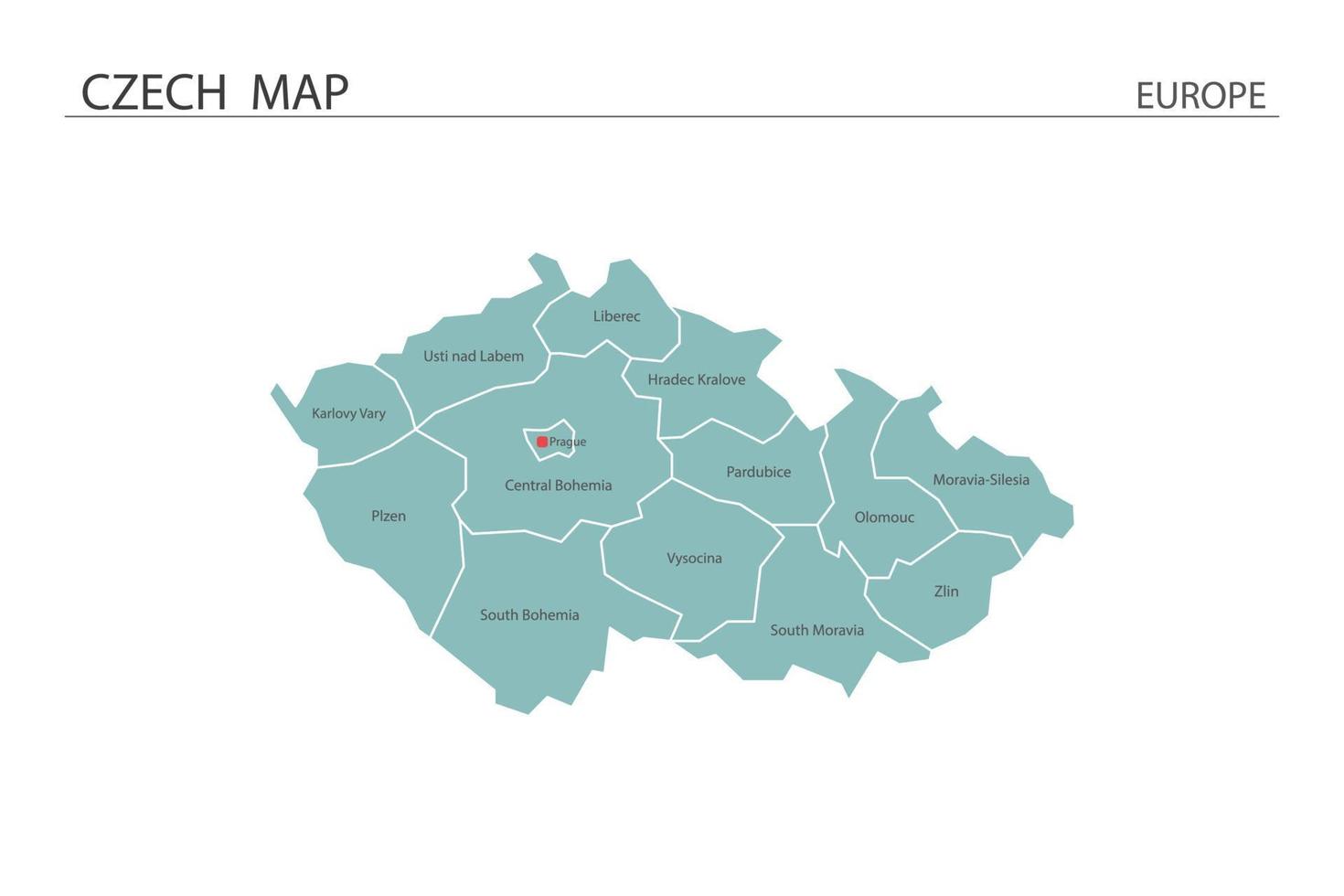 vetor de mapa checo sobre fundo branco. mapa tem todas as províncias e marca a capital da República Checa.