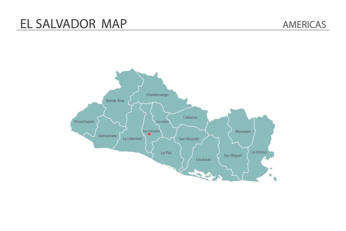 vetor de mapa de el salvador em fundo branco. mapa tem todas as províncias e marca a capital de el salvador.