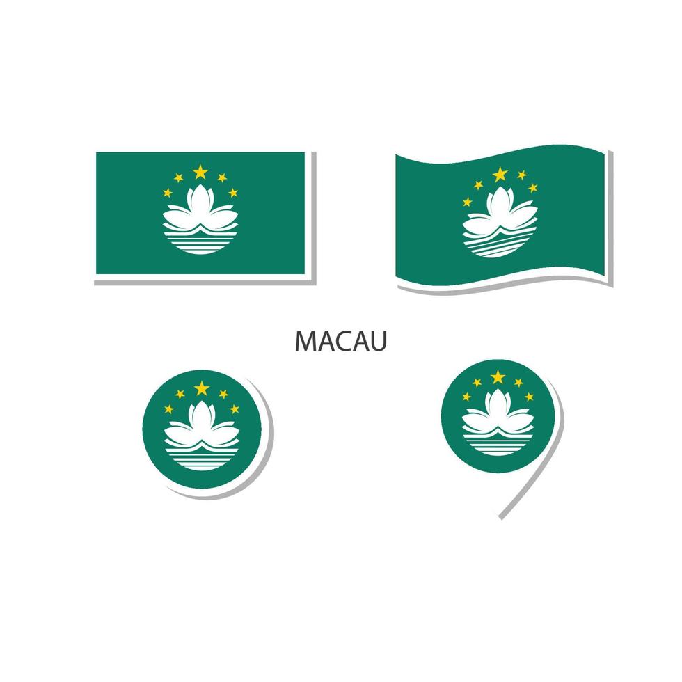 conjunto de ícones do logotipo da bandeira de macau, ícones planos retângulo, forma circular, marcador com bandeiras. vetor