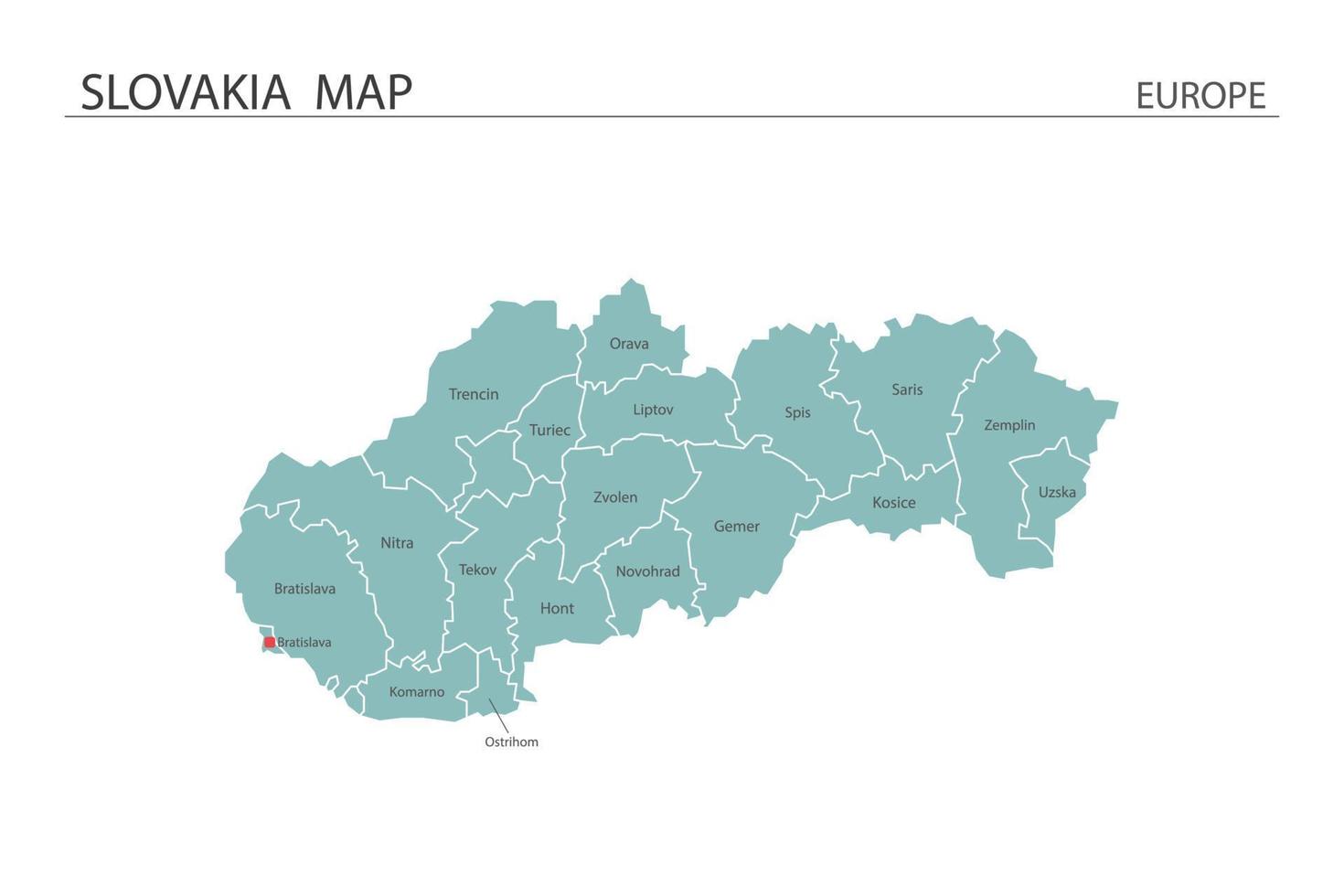 vetor de mapa da Eslováquia em fundo branco. mapa tem todas as províncias e marca a capital da Eslováquia.