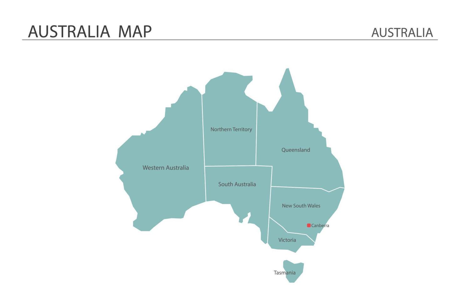 vetor de mapa da Austrália em fundo branco. mapa tem todas as províncias e marca a capital da austrália.