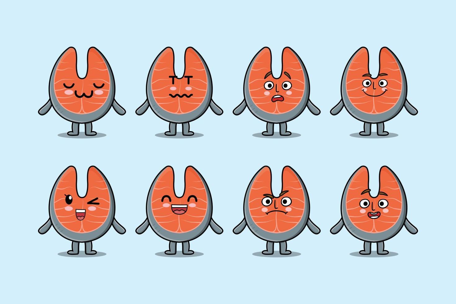 definir desenhos animados de salmão fresco kawaii com expressões vetor