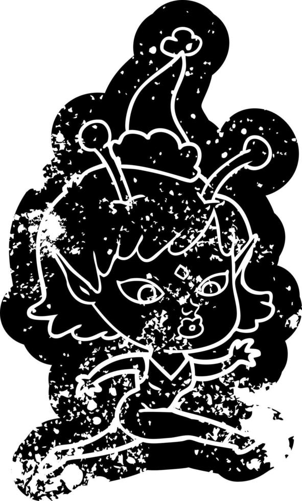 ícone angustiado de desenho animado de uma garota alienígena correndo usando chapéu de papai noel vetor