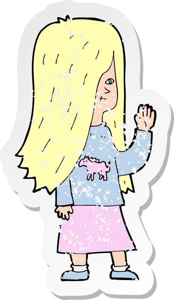 adesivo retrô angustiado de uma garota de desenho animado com camisa de pônei acenando vetor