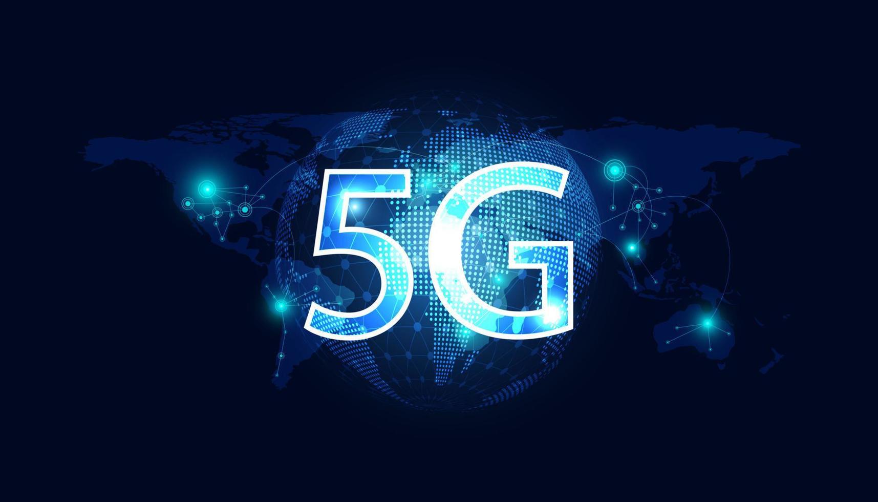 ponto de mapa do mundo abstrato 5g rede holográfica sem fio internet wi-fi conexão e internet de conexão de rede global sobre fundo azul moderno. vetor