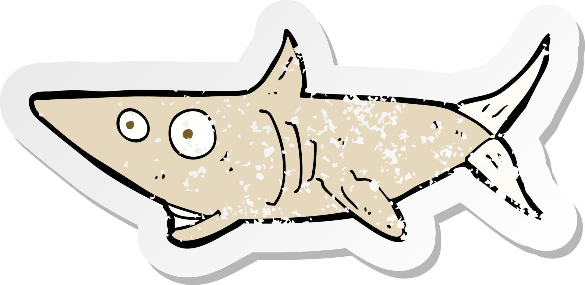 adesivo retrô angustiado de um tubarão feliz de desenho animado vetor