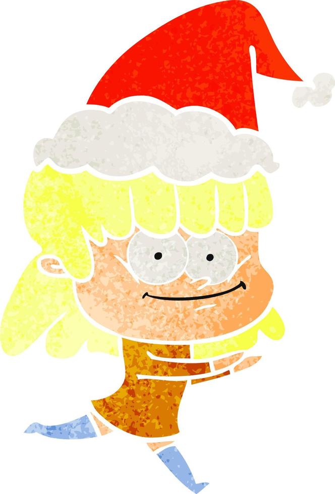 desenho retrô de uma mulher sorridente usando chapéu de papai noel vetor