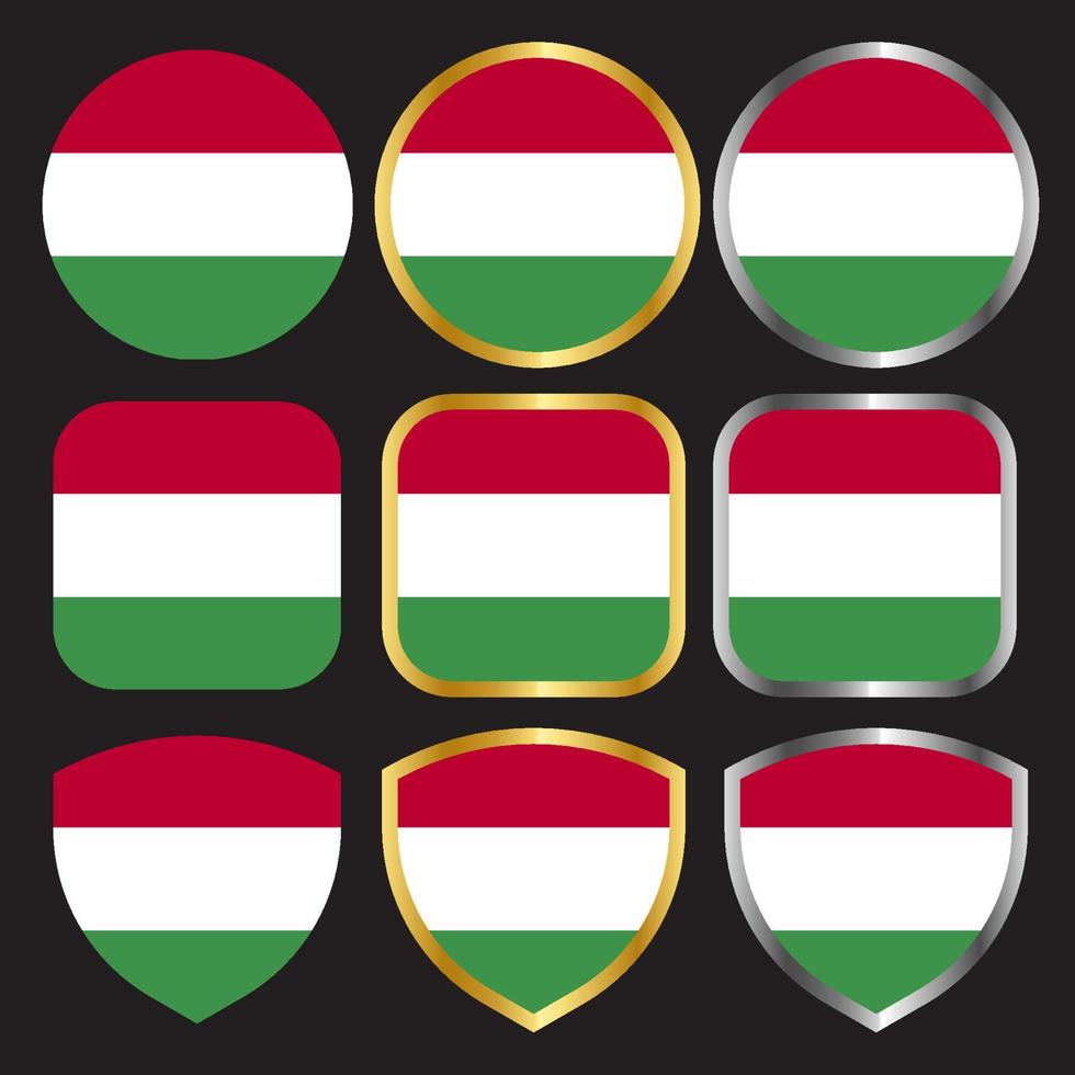 conjunto de ícones de vetor de bandeira da Hungria com borda de ouro e prata