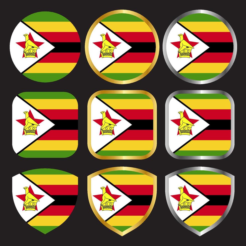 conjunto de ícones de vetor de bandeira do zimbabwe com borda de ouro e prata