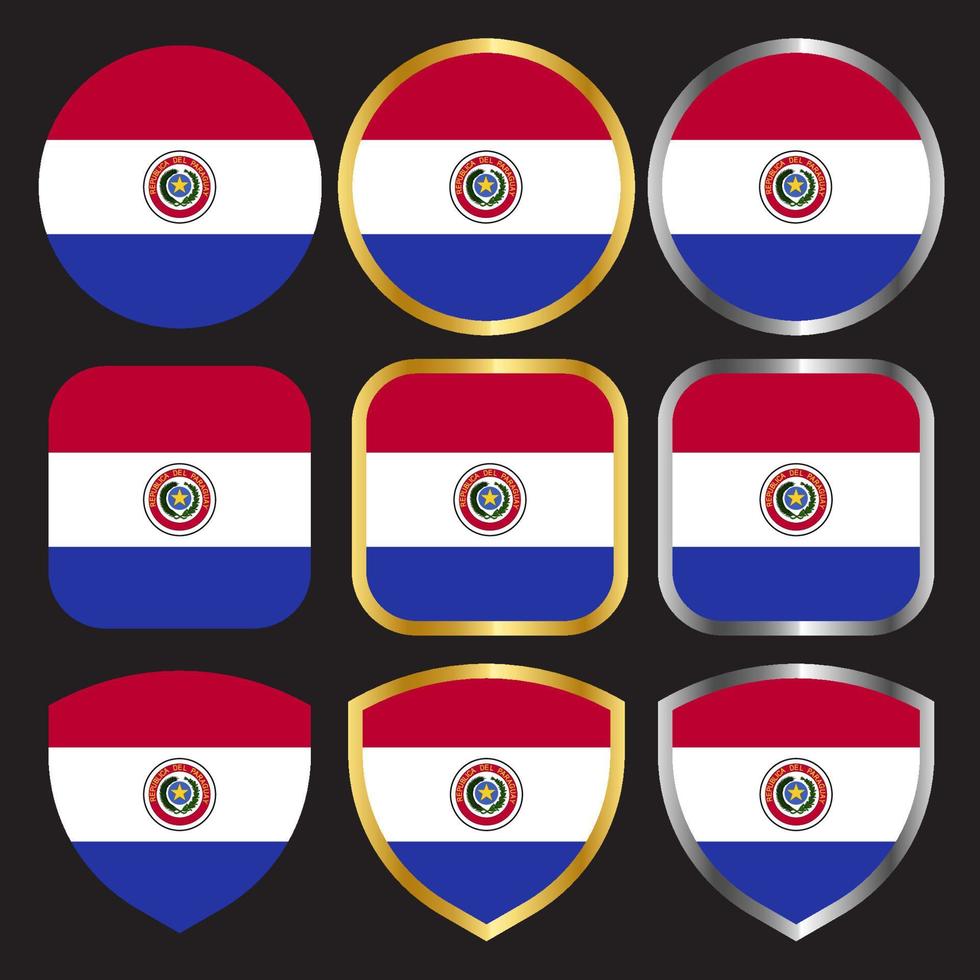 conjunto de ícones de vetor de bandeira do paraguai com borda de ouro e prata