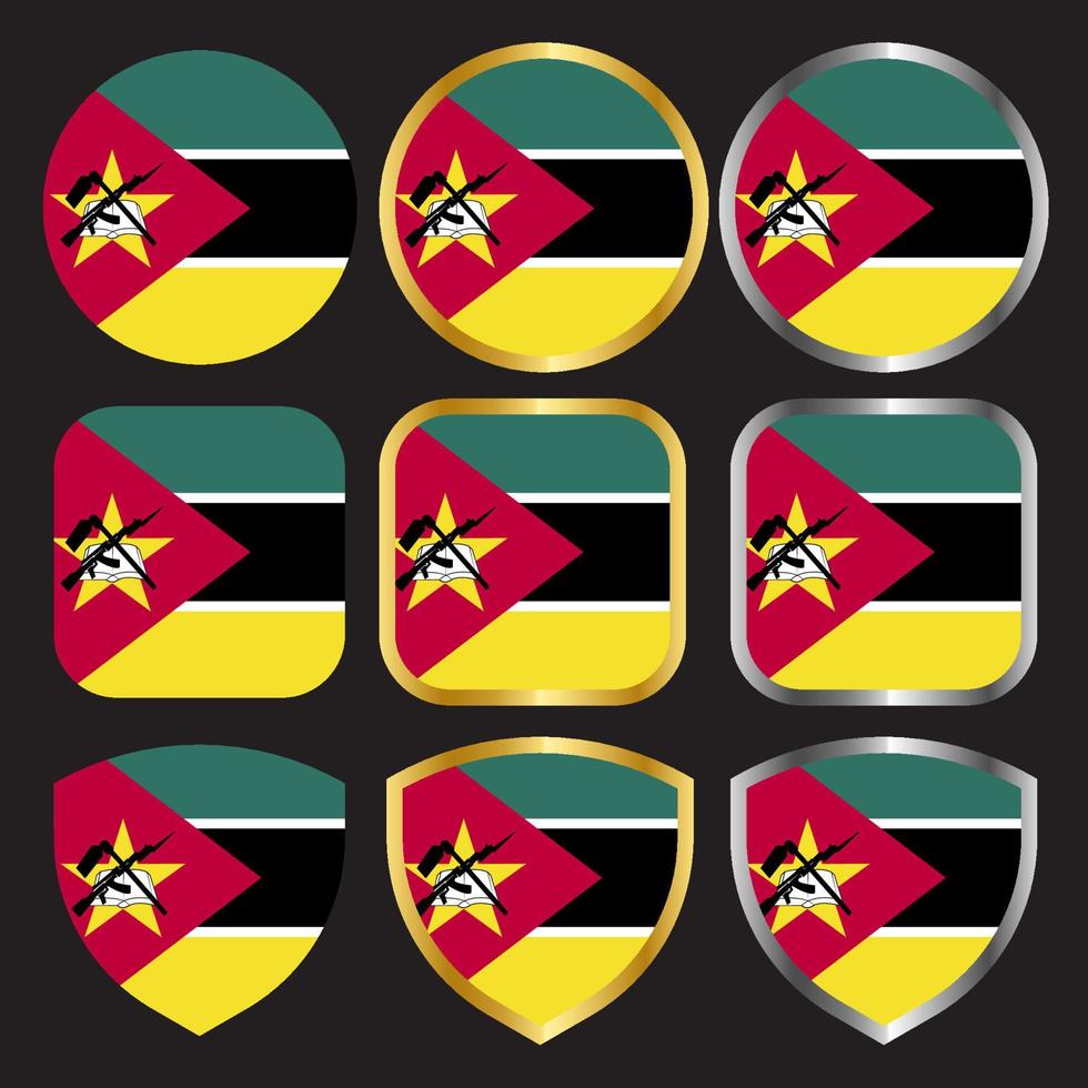 conjunto de ícones de vetor de bandeira de moçambique com borda de ouro e prata