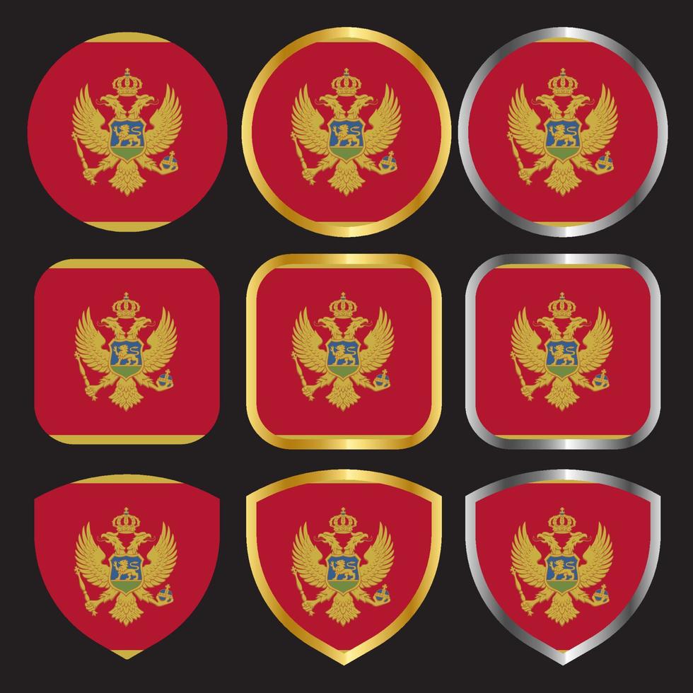 conjunto de ícones de vetor de bandeira de montenegro com borda de ouro e prata
