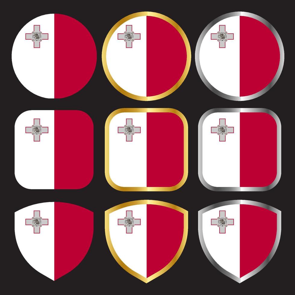 conjunto de ícones de vetor de bandeira de malta com borda de ouro e prata