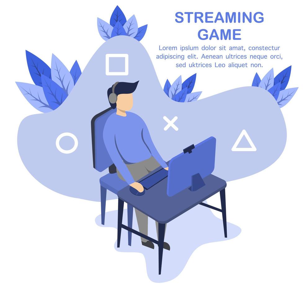 um homem está fazendo um jogo de transmissão ao vivo. este design é adequado para streaming ao vivo, streaming, jogos online e mídias sociais. vetor