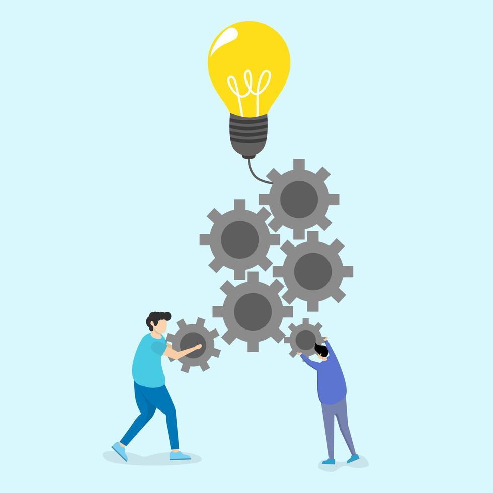 ilustração vetorial do conceito de negócio, pessoas trabalhando juntas para criar ideias, lâmpada brilhante aparece ideias, símbolo de criatividade, ideias criativas, pensamentos, pensamentos. vetor