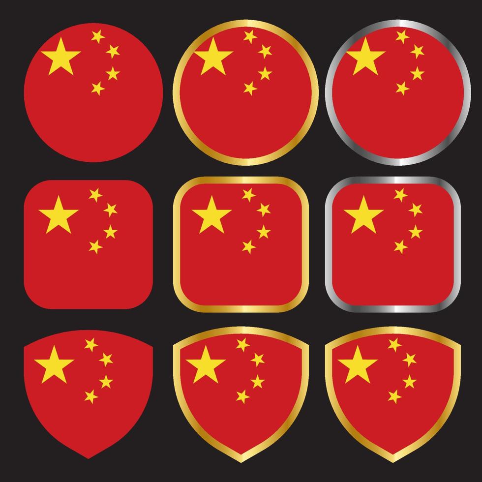 conjunto de ícones de vetor de bandeira da china com borda de ouro e prata