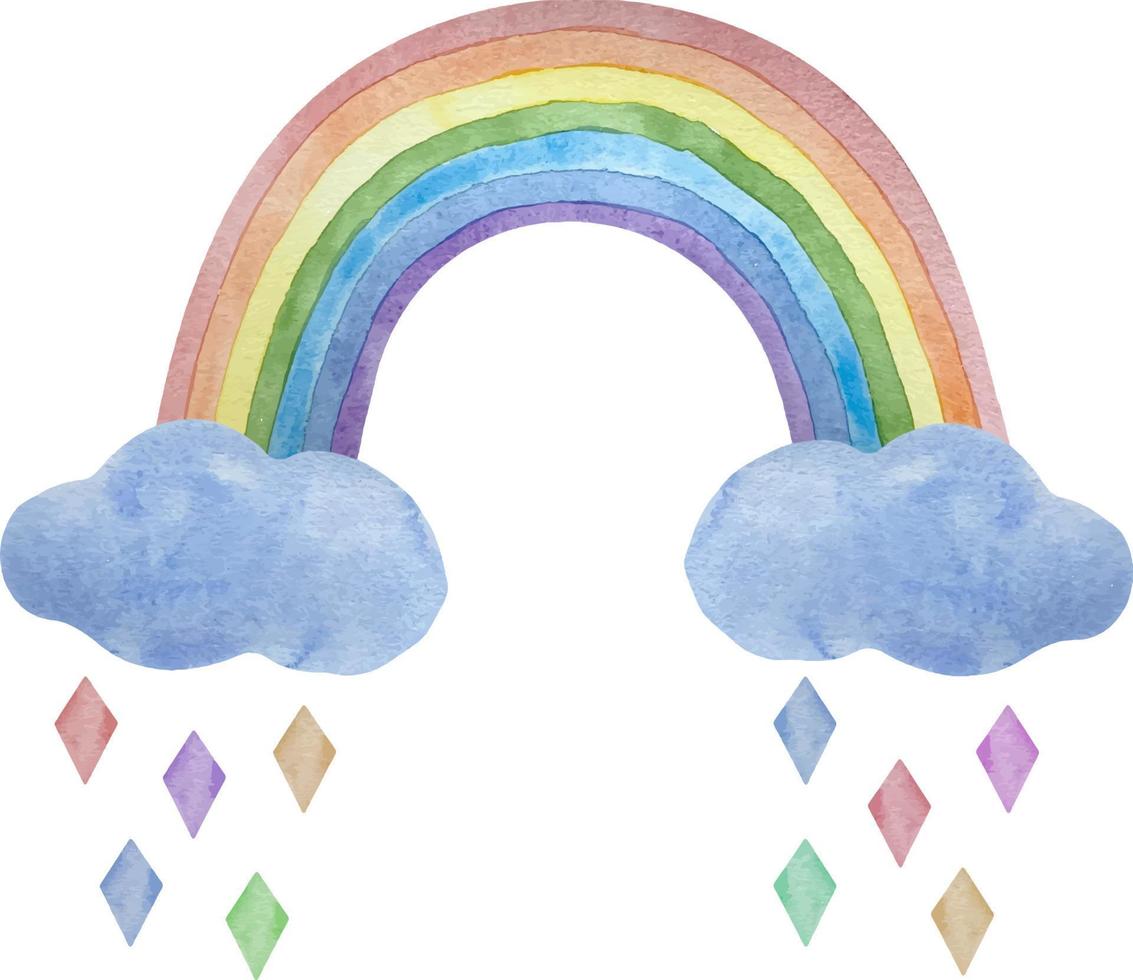 aquarela arco-íris colorido brilhante com nuvens e gotas isoladas em branco vetor