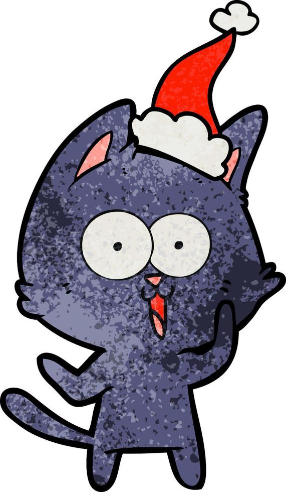 engraçado desenho texturizado de um gato usando chapéu de papai noel vetor