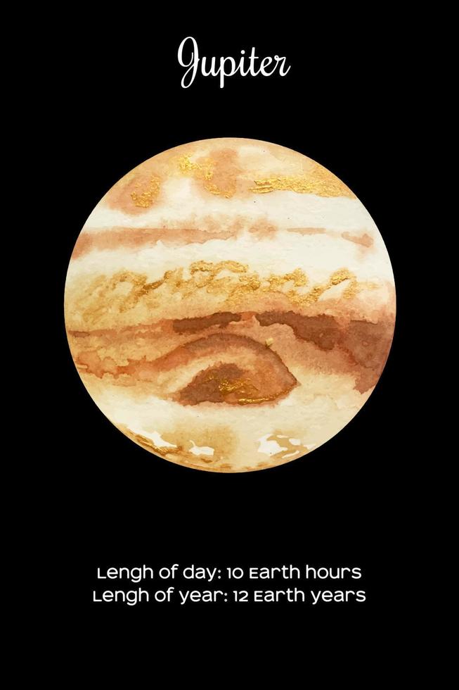 aquarela planeta Júpiter isolado em fundo preto escuro. ilustração de Júpiter vetor