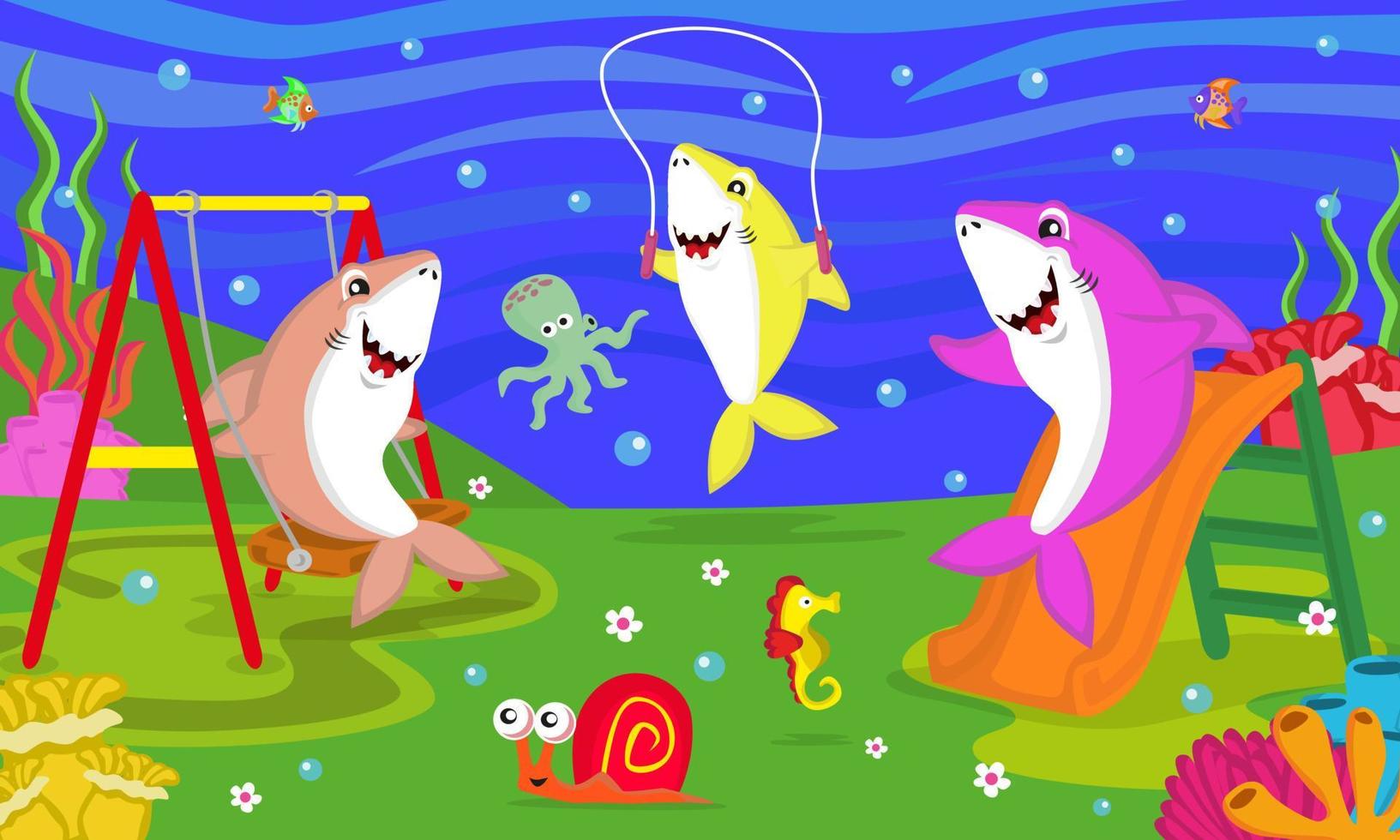 personagens de tubarões fofos brincando no parque com seus amigos, adequados para livros de histórias infantis, pôsteres, sites, aplicativos móveis, jogos, camisetas, impressão e muito mais vetor