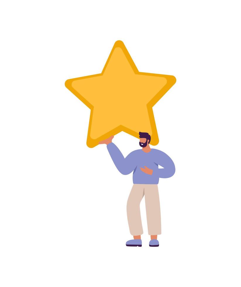 pessoas de homem plano de cliente vetor feliz e satisfeito está segurando a estrela de revisão sobre sua cabeça. classificação de cinco estrelas. classificação de revisão do cliente e conceito de feedback do cliente. ilustração moderna