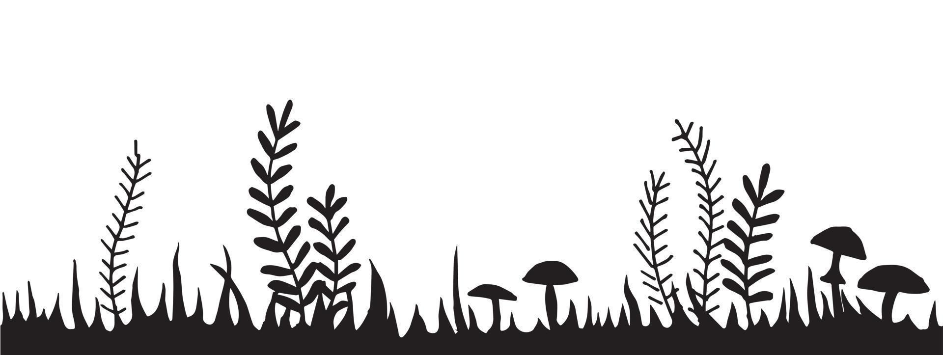 ilustração vetorial, borda sem costura, quadro de floresta de fadas. grama de desenho preto e branco, arbustos, cogumelos. floresta fabulosa e mágica, design para o halloween. vetor