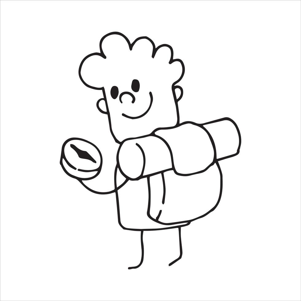 ilustração vetorial em desenho animado estilo doodle. personagem fofa, homem com mochila e bússola. caminhar, acampar, viajar. vetor