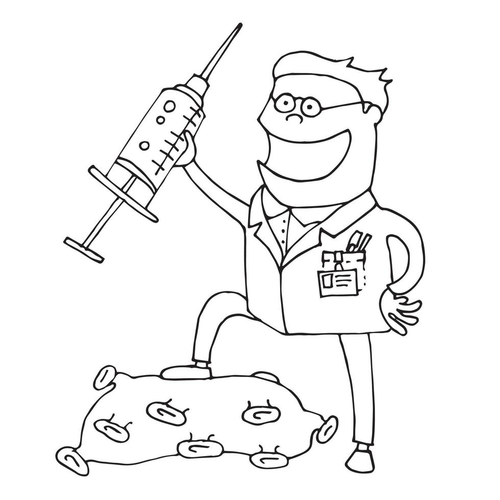 estilo doodle vetorial plano, o cientista desenvolveu uma vacina, uma nova cura para o vírus corona. vírus morto sob o pé do cientista, vitória sobre a doença. desenho de linha gráfico isolado em branco vetor