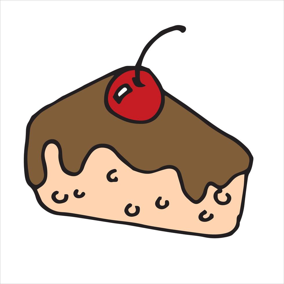 ilustração vetorial em estilo doodle, desenho animado. Pedaco de bolo. ícone fofo de um pedaço de bolo com cobertura de chocolate e cereja isolado em um fundo branco. sobremesa doce clipart vetor