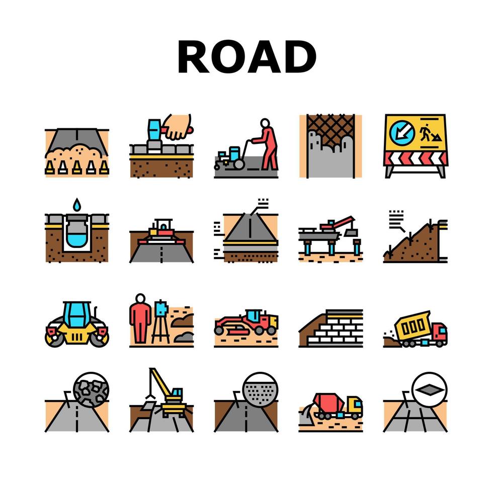 conjunto de ícones de coleção de construção de estradas vetor