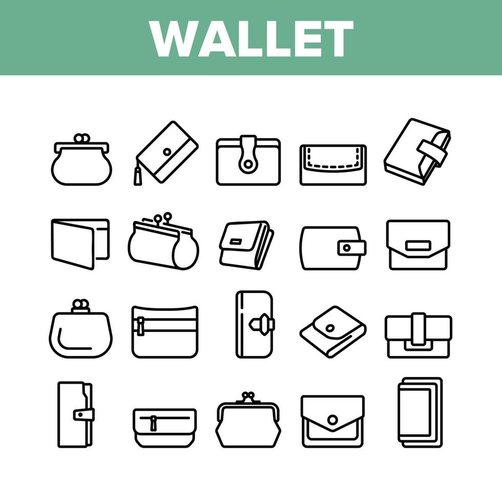 conjunto de ícones de coleção de dinheiro acessório de carteira vetor