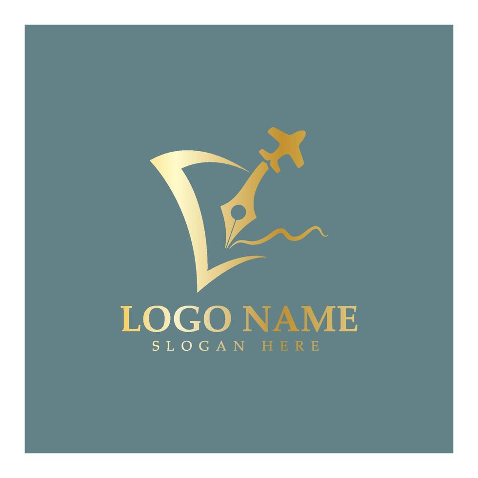 logotipo do blog de viagens da caneta de avião e modelo de ícone de vetor de design de ilustração de livro