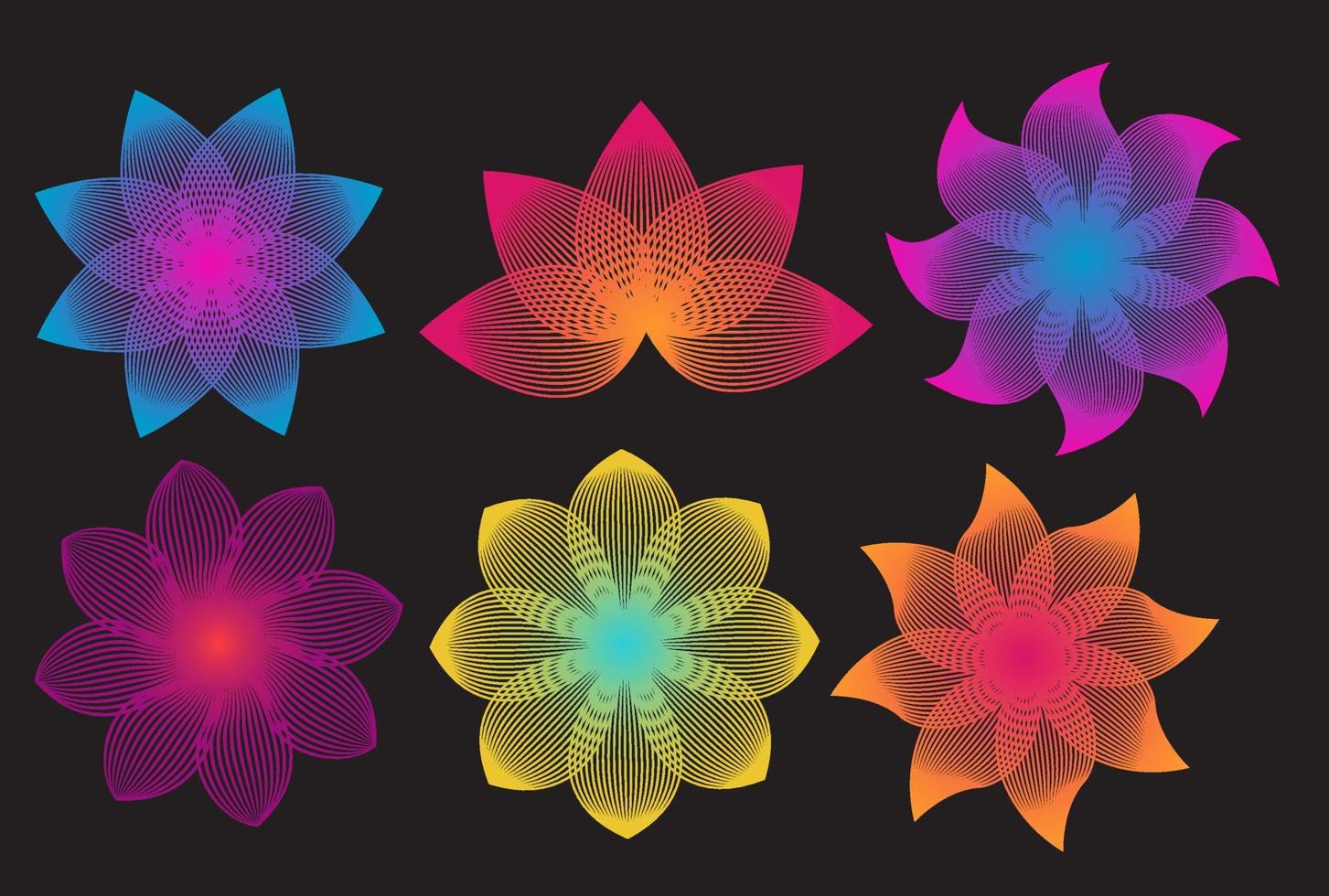 conjunto de pacote de linha de vetor de flores de linogravura gradiente vibrante colorido