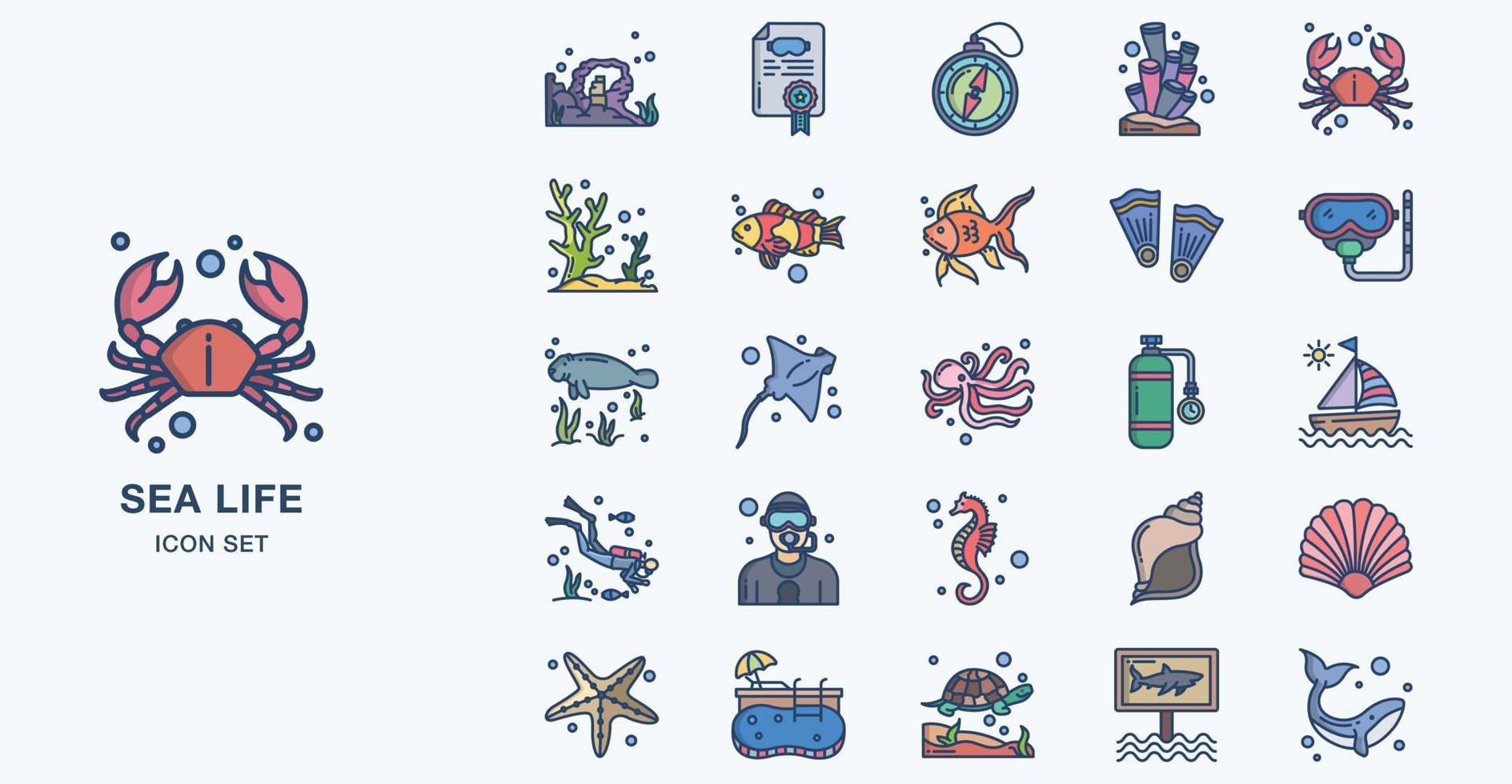 conjunto de ícones coloridos lineares da vida marinha vetor