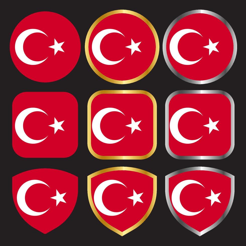 conjunto de ícones de vetor de bandeira da turquia com borda de ouro e prata