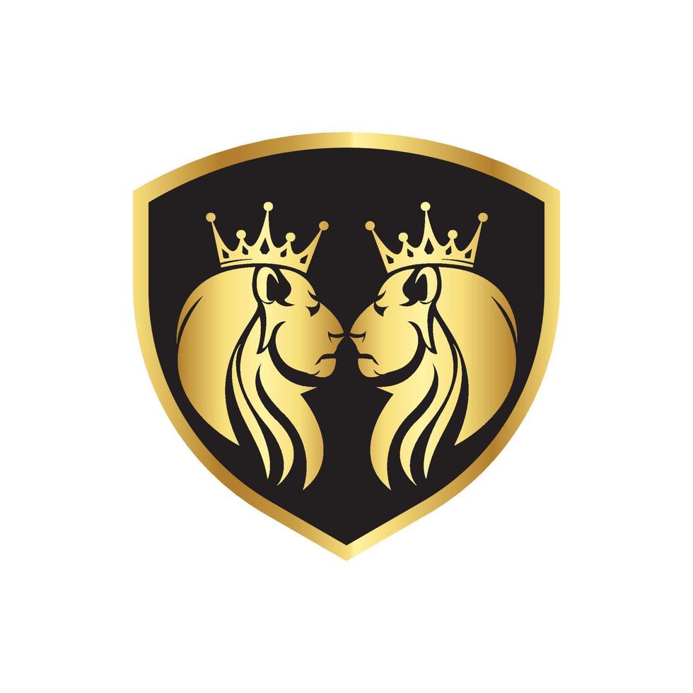 logotipo real de leões gêmeos de ouro com formas de escudo preto e rei coroa vetor