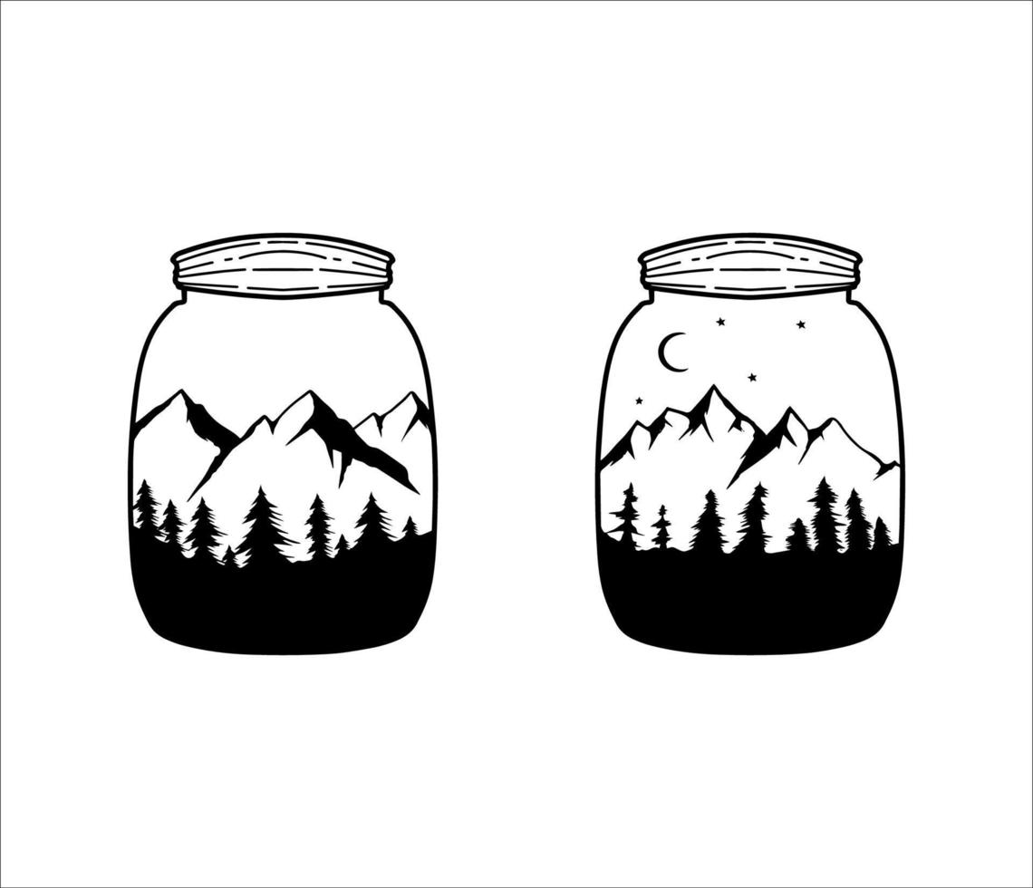 conjunto de montanhas em ilustrações de frascos em fundo branco vetor